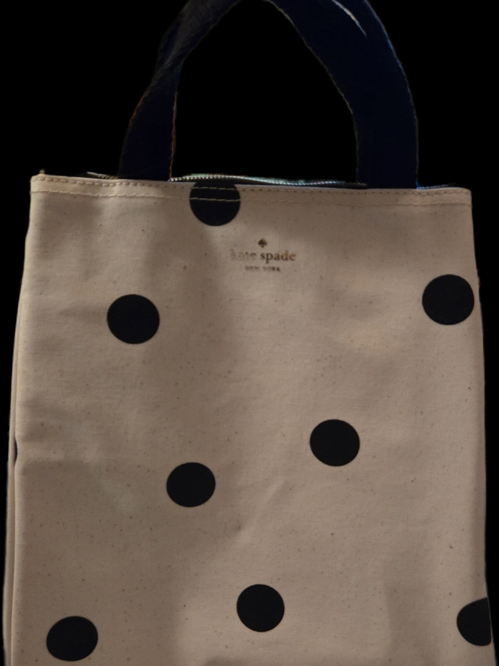 kate spade Beige Canvas Lunch Tote w Black Polka Dots,Gold Zipper,Snaps 10x9x6"